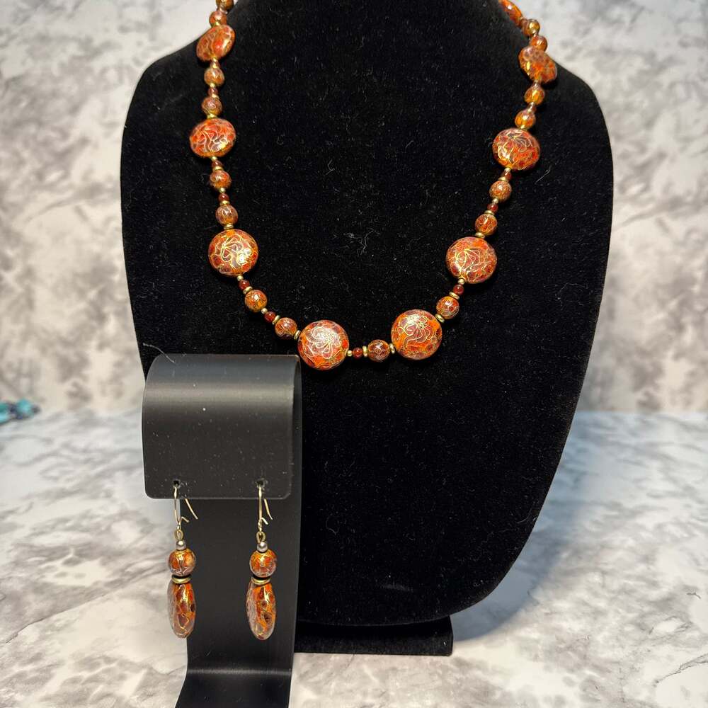 Vintage Red Cloisonne Floral Beaded Necklace and Earrings